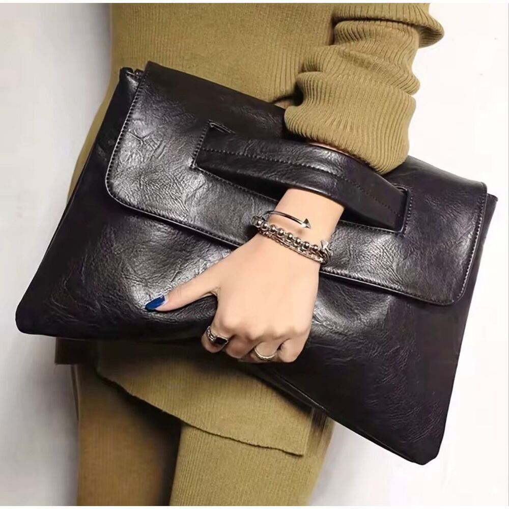 Luxury Boho Minimalist Vegan Leather Black Envelope Oversized Clutch Bag NWOT